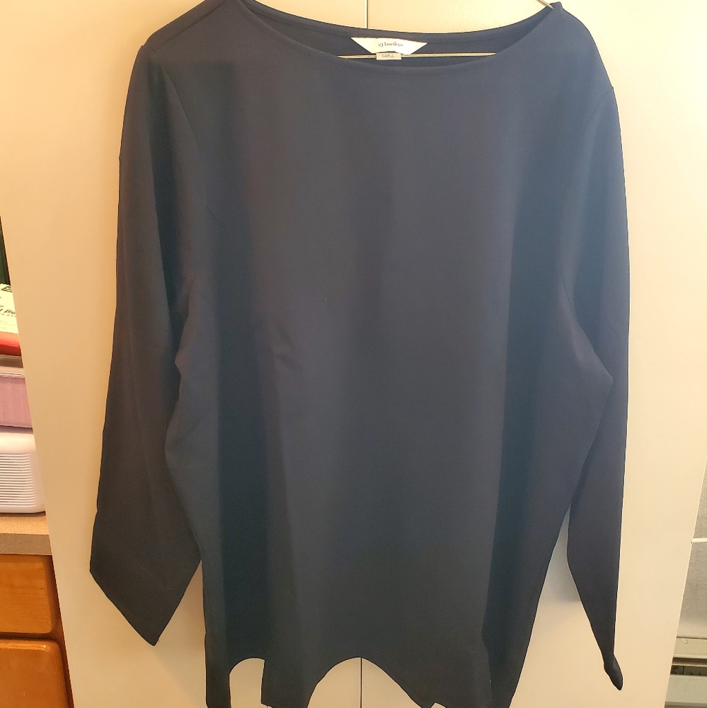 CJ Banks brand new black tunic with boat neck and front slit detail.